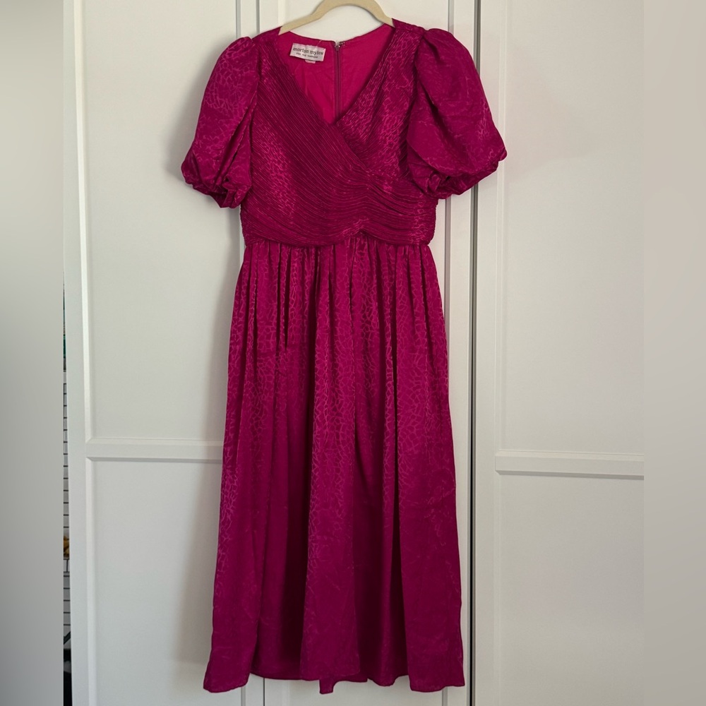 Vibrant Vintage Pink Midi Dress with Puff Sleeves